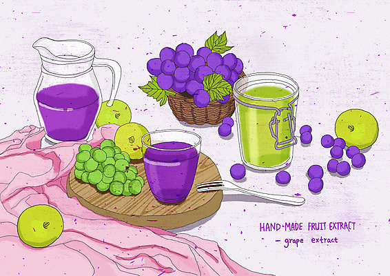 PSD 웰빙 음료 포크 일러스트 포도 수채화 도마 건강 사람없음 보라색 직물 맛 사과 상큼 포도주스 핸드메이드 과일청 포도청 수제청 국내일러스트 식기 음식 컬러 컨셉 과일 주방용품 과일주스 파일형식