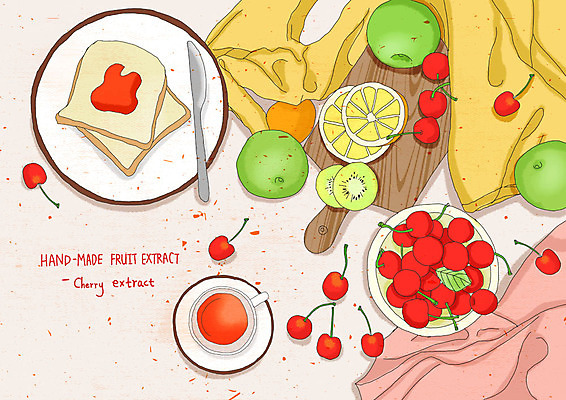 PSD 그릇 접시 웰빙 분홍색 오렌지 일러스트 수채화 도마 건강 사람없음 직물 체리 나이프 맛 사과 청사과 라임 상큼 핸드메이드 과일청 체리청 수제청 국내일러스트 식기 음식 컬러 컨셉 과일 주방용품 칼 파일형식
