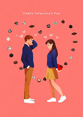 PSD 학생 커플 여자 기념일 남자 행복 분홍색 일러스트 청소년 발렌타인데이 사랑 두명 선물상자 초콜릿 수줍음 즐거움 국내일러스트 감정 컬러 관계 데이이벤트 디저트 선물 사람 이벤트 상자 파일형식