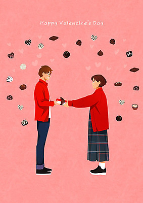 PSD 커플 여자 기념일 남자 행복 분홍색 일러스트 발렌타인데이 선물 사랑 두명 초콜릿 즐거움 주기 국내일러스트 감정 컬러 관계 모션 데이이벤트 디저트 사람 이벤트 파일형식