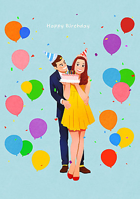 PSD 커플 여자 기념일 남자 행복 일러스트 사랑 두명 파란색 케이크 축하 생일파티 생일 생일케이크 즐거움 풍선 국내일러스트 감정 컬러 컨셉 관계 디저트 사람 이벤트 파일형식