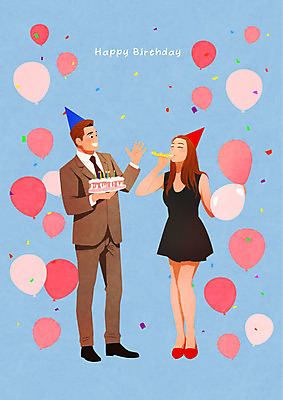 PSD 커플 여자 기념일 남자 행복 일러스트 사랑 두명 파란색 케이크 축하 생일 생일케이크 즐거움 풍선 국내일러스트 감정 컬러 컨셉 관계 디저트 사람 이벤트 파일형식