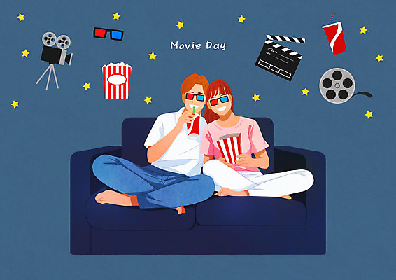 PSD 커플 여자 기념일 남자 행복 일러스트 사랑 두명 파란색 클래퍼보드 필름 영화 즐거움 콜라 팝콘 영상기 무비데이 영화감상 국내일러스트 감정 컬러 관계 데이이벤트 문화예술 사람 이벤트 감상 탄산음료 파일형식