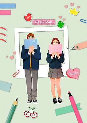 PSD 학생 커플 여자 기념일 남자 행복 일러스트 청소년 학용품 사랑 두명 다이어리 일기 즐거움 형광펜 꾸미기 다이어리데이 민트색 국내일러스트 감정 컬러 관계 데이이벤트 문구용품 사람 이벤트 펜 사무용품 파일형식