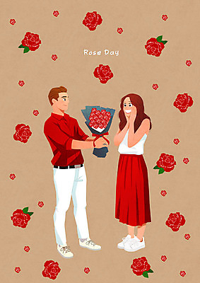 PSD 커플 여자 기념일 남자 행복 꽃다발 일러스트 사랑 두명 장미 갈색 즐거움 주기 로즈데이 국내일러스트 꽃 감정 컬러 관계 모션 데이이벤트 사람 이벤트 파일형식