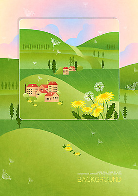 PSD 나무 꽃 백그라운드 일러스트 주택 프레임 따뜻함 풍경 초원 사람없음 초록색 봄 민들레 민들레홀씨 프레임일러스트 봄배경 국내일러스트 식물 계절 컬러 건물 파일형식