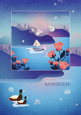 PSD 나무 호수 백그라운드 일러스트 오리 프레임 따뜻함 풍경 사람없음 파란색 장미 물방울 돛단배 청둥오리 프레임일러스트 국내일러스트 식물 꽃 컬러 배_교통 조류 파일형식