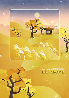 PSD 나무 백그라운드 일러스트 프레임 따뜻함 갈대 풍경 초원 사람없음 노란색 가을 정자 프레임일러스트 가을배경 국내일러스트 식물 건축물 계절 컬러 파일형식 가을_계절