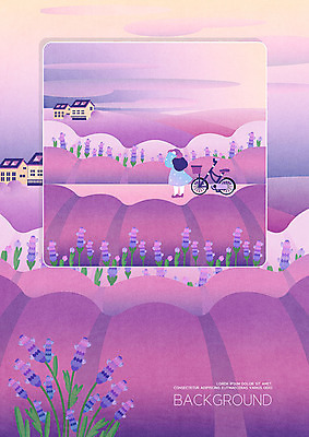 PSD 여자 백그라운드 꽃밭 일러스트 프레임 따뜻함 한명 풍경 소녀 초원 자전거 보라색 봄 라벤더 프레임일러스트 봄배경 국내일러스트 1 계절 꽃 어린이 컬러 사람 바이크 허브 파일형식