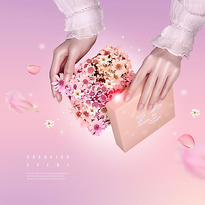 PSD 편집이미지 손 꽃 분홍색 포장 신체부위 선물상자 쇼핑 설레임 카피스페이스 언박싱 이미지편집 식물 감정 컬러 선물 사람 상자 공백 파일형식