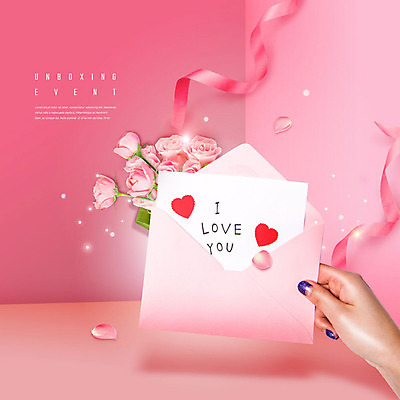 PSD 편집이미지 손 꽃잎 꽃 리본 분홍색 포장 편지봉투 들기 신체부위 쇼핑 장미 편지 설레임 낙화 카피스페이스 언박싱 이미지편집 식물 감정 컬러 모션 봉투 사람 공백 파일형식