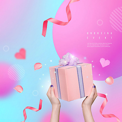 PSD 편집이미지 손 꽃잎 리본 포장 선물 신체부위 선물상자 쇼핑 보라색 하트 설레임 카피스페이스 언박싱 이미지편집 모양 꽃 감정 컬러 사람 상자 공백 파일형식
