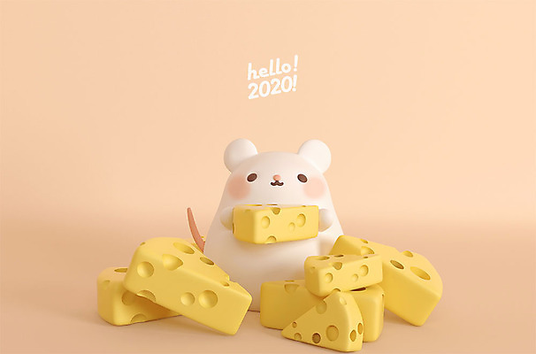 PSD 편집 편집이미지 한마리 치즈 새해 3D캐릭터 사람없음 3D 귀여움 여러개 쥐띠 쥐 디지털합성 쥐캐릭터 HELLO 살구색 흰쥐 2020년 경자년 편집3D 캐릭터 1 컬러 동물캐릭터 다수 컨셉 유제품 십이지신 인사 설치류 연도 파일형식