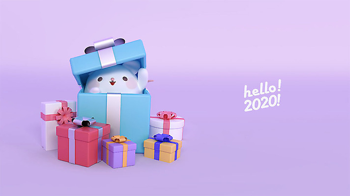 PSD 편집 편집이미지 한마리 새해 3D캐릭터 사람없음 선물상자 3D 귀여움 보라색 여러개 쥐띠 쥐 디지털합성 쥐캐릭터 HELLO 흰쥐 2020년 경자년 편집3D 캐릭터 1 컬러 동물캐릭터 다수 컨셉 선물 상자 십이지신 인사 설치류 연도 파일형식