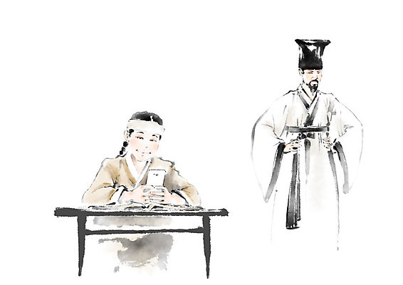 PSD 응시 교육 남자 어린이 허리손 일러스트 캘리그라피 수업 붓터치 사람 소년 성인 두명 스마트폰 한복 책상 번짐 노려봄 서당 딴짓 에듀 훈장님 남자만 스쿨팩 국내일러스트 갓모자 모자_잡화 한국전통 시선 포즈 가구 전통소품 표정 핸드폰 스마트기기 교사 전통의상 에듀케이션 파일형식 효과