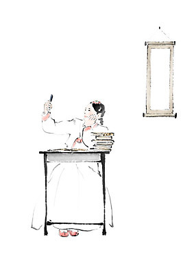 PSD 응시 여학생 여자 교육 일러스트 캘리그라피 수업 붓터치 한명 들기 사람 책 스마트폰 한복 셀프카메라 책상 번짐 족자 서당 딴짓 에듀 여자한명만 스쿨팩 국내일러스트 1 학생 한국전통 시선 가구 모션 핸드폰 스마트기기 사진촬영 전통의상 에듀케이션 여자만 파일형식 효과