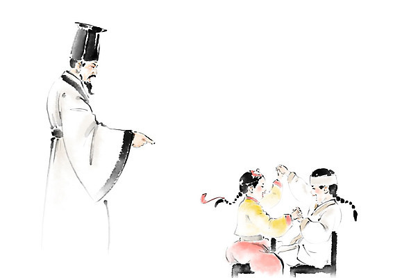 PSD 여자 교육 남자 어린이 의자 일러스트 장난 캘리그라피 수업 붓터치 사람 소녀 소년 성인 세명 친구 한복 꾸지람 번짐 지적 서당 딴짓 에듀 훈계 훈장님 엄격한 스쿨팩 국내일러스트 한국전통 가구 관계 모션 경고 교사 전통의상 체벌 에듀케이션 파일형식 효과