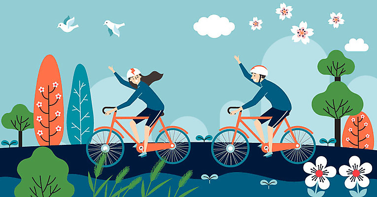 나무 구름 여자 남자 꽃 행복 여행 일러스트 조류 산 사람 풍경 두명 새싹 자전거 봄 산책 기쁨 하이킹 벚꽃 구경 즐거움 만족 봄바람 국내일러스트 AI파일 자연요소 식물 동물 계절 감정 레저 바람 휴식 바이크 파일형식 벡터