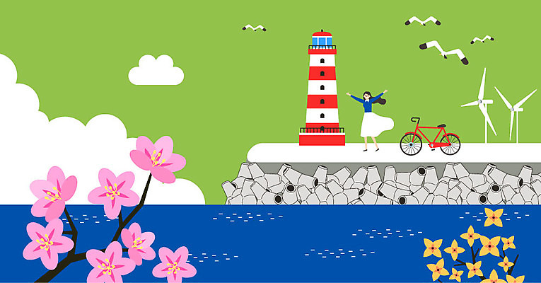 구름 여자 꽃 행복 바다 일러스트 갈매기 등대 한명 사람 풍경 해변 봄 산책 기쁨 풍차 개나리 진달래 구경 즐거움 만족 방파제 봄바람 여자한명만 국내일러스트 AI파일 자연요소 식물 1 계절 공공시설 감정 조류 바람 휴식 여자만 파일형식 벡터