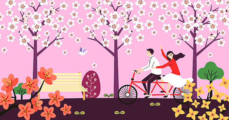 나무 커플 공원 여자 남자 꽃 행복 분홍색 벤치 데이트 일러스트 사람 두명 새싹 자전거 봄 산책 기쁨 벚꽃 개나리 진달래 구경 즐거움 만족 봄바람 국내일러스트 AI파일 식물 계절 공공시설 감정 컬러 의자 관계 바람 휴식 바이크 파일형식 벡터
