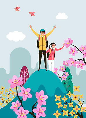 나무 구름 커플 여자 남자 행복 두마리 일러스트 조류 산 사람 풍경 두명 봄 등산 기쁨 벚꽃 개나리 진달래 구경 즐거움 만족 봄바람 국내일러스트 AI파일 자연요소 식물 동물 계절 꽃 감정 2 관계 바람 트래킹 파일형식 벡터