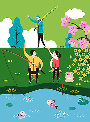 나무 구름 부부 여자 남자 행복 의자 일러스트 낚시 개구리 어류 사람 풍경 세명 새싹 봄 기쁨 인사 구경 즐거움 연잎 만족 낚시터 봄바람 국내일러스트 AI파일 자연요소 식물 커플 계절 감정 가구 잎 레저 바람 양서류 수중동물 예절 파일형식 벡터