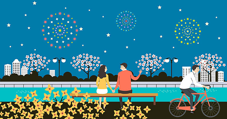 나무 커플 여자 남자 꽃 행복 별 가로등 의자 데이트 일러스트 불꽃놀이 사람 풍경 건물 세명 강 자전거 봄 기쁨 벚꽃 개나리 구경 즐거움 만족 봄바람 국내일러스트 AI파일 자연요소 식물 건축물 계절 공공시설 감정 가구 관계 놀이 바람 바이크 파일형식 벡터