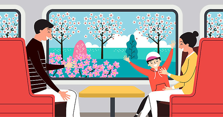 나무 구름 여자 남자 꽃 행복 아들 어린이 여행 의자 일러스트 창문 가족 탁자 엄마 사람 풍경 성인 세명 강 봄 기쁨 기차 벚꽃 아빠 진달래 구경 즐거움 만족 봄바람 국내일러스트 AI파일 자연요소 식물 계절 감정 육상교통 가구 관계 바람 대중교통 파일형식 벡터