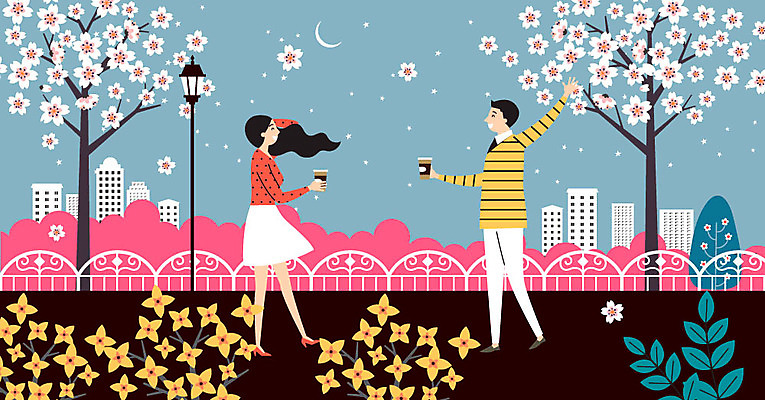 나무 커플 공원 여자 남자 꽃 행복 별 커피 가로등 데이트 일러스트 사람 두명 울타리 봄 기쁨 벚꽃 저녁 초승달 개나리 구경 즐거움 만족 설레임 봄바람 국내일러스트 AI파일 자연요소 식물 계절 공공시설 감정 음료 관계 바람 담장 달 야간 파일형식 벡터