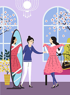 나무 옷 여자 행복 화분 의자 가방 일러스트 창문 전등 조명 사람 두명 쇼핑 봄 기쁨 거울 구경 즐거움 만족 옷가게 봄바람 여자만 국내일러스트 AI파일 식물 잡화 계절 감정 가구 바람 상점 파일형식 벡터