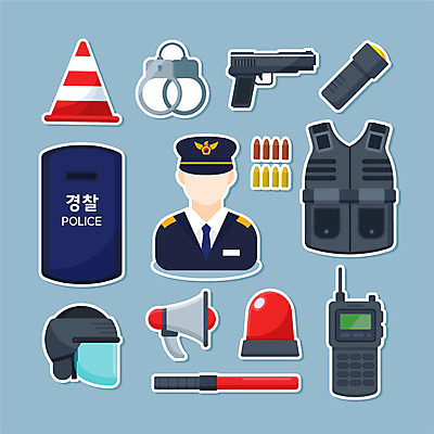 직업 남자 스티커 일러스트 한명 사람 파란색 세트 확성기 권총 손전등 경찰 헬멧 수갑 무전기 방패 총알 경찰봉 방탄복 사이렌 칼라콘 국내일러스트 AI파일 1 옷 무기 컬러 무선통신 조명 총 안전장비 보호장비 파일형식 벡터