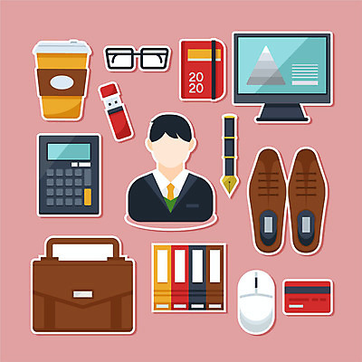 직업 남자 안경 커피 구두 분홍색 스티커 서류가방 일러스트 한명 사람 컴퓨터 세트 펜 다이어리 계산기 마우스 직장인 신용카드 USB 문서 국내일러스트 AI파일 1 잡화 음료 컬러 신발 가방 문구용품 금융 전자제품 필기구 컴퓨터용품 사무용품 장비 파일형식 벡터