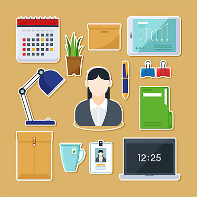직업 여자 화분 스티커 일러스트 서류봉투 집게 한명 사람 노트북 세트 상자 태블릿 볼펜 노란색 머그컵 달력 스탠드 직장인 문서 사원증 국내일러스트 AI파일 1 컬러 비즈니스 봉투 조명 컵 전자제품 스마트기기 펜 파일형식 벡터