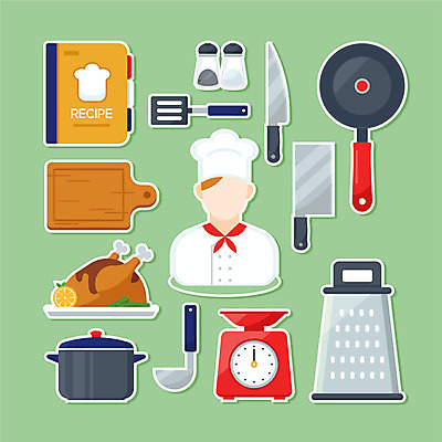 직업 남자 스티커 일러스트 도마 저울 요리 한명 사람 초록색 세트 요리사 프라이팬 칼 냄비 국자 소금 뒤집개 레시피 후추 식칼 강판 국내일러스트 AI파일 1 컬러 주방용품 솥 향신료 파일형식 벡터