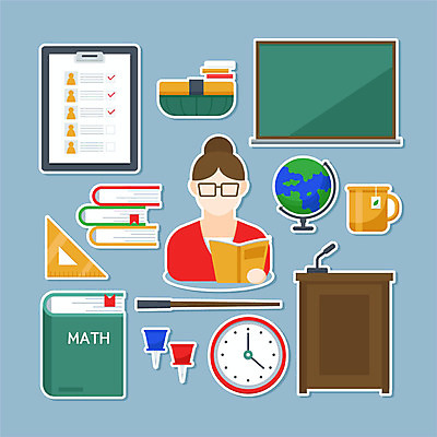 직업 여자 시계 스티커 일러스트 한명 사람 책 파란색 세트 지구본 교사 칠판 머그컵 압정 분필 삼각자 지시봉 교탁 칠판지우개 수학책 출석부 국내일러스트 AI파일 1 컬러 자 컵 사무용품 초크 파일형식 벡터 출석