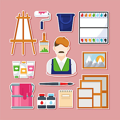직업 남자 분홍색 액자 스티커 일러스트 잉크 미술 한명 사람 세트 페인트 물감 붓 팔레트 물통 이젤 캔버스 롤러 페인트붓 화가 스프링수첩 국내일러스트 AI파일 1 컬러 문화예술 다이어리 미술도구 파일형식 벡터