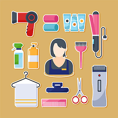직업 여자 스티커 일러스트 가위 집게 한명 사람 세트 수건 노란색 붓 머리빗 미용사 분무기 헤어롤 샴푸 고데기 미용가위 바리깡 염색약 신발드라이기 국내일러스트 AI파일 1 컬러 문구용품 가위_도구 전자제품 위생용품 미용용품 드라이기 헤어용품 파일형식 벡터