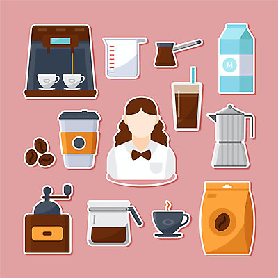 직업 여자 커피 분홍색 스티커 일러스트 주전자 한명 사람 세트 우유 원두 커피잔 커피메이커 비커 테이크아웃 바리스타 그라인더 커피가루 국내일러스트 AI파일 1 음료 컬러 주방용품 잔 유제품 실험기구 가루 커피용품 파일형식 벡터