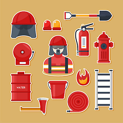 직업 남자 스티커 일러스트 사다리 불 한명 사람 물 세트 노란색 헬멧 소방관 삽 물통 도끼 호스 소화기 소화전 사이렌 소방비상벨 국내일러스트 AI파일 자연요소 1 컬러 안전 도구 안전장비 보호장비 구조원 소방 파일형식 벡터