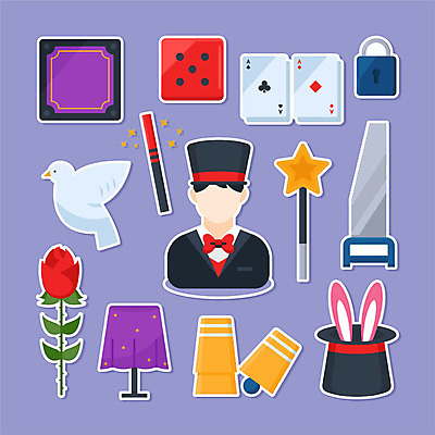 직업 남자 별 스티커 일러스트 탁자 한명 사람 세트 상자 장미 보라색 마술 마술사 주사위 마술봉 마술도구 비둘기 톱 마술사모자 마법상자 카드마술 국내일러스트 AI파일 자연요소 모자_잡화 1 꽃 컬러 가구 조류 도구 공구 파일형식 벡터