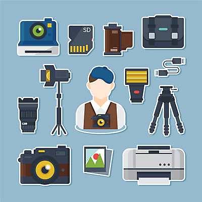 직업 남자 스티커 일러스트 조명 한명 사람 파란색 세트 카메라 손전등 인쇄 사진사 필름 폴라로이드 삼각대 SD카드 카메라가방 남자한명만 국내일러스트 AI파일 1 컬러 가방 전자제품 작가 메모리 남자만 파일형식 벡터