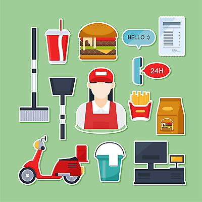 직업 여자 스티커 일러스트 포장 한명 사람 초록색 세트 오토바이 감자튀김 햄버거 인사 빗자루 계산대 물통 콜라 주문 영수증 아르바이트 쓰레받기 여자한명만 국내일러스트 AI파일 1 컬러 감자 패스트푸드 금융 바이크 튀김 예절 청소도구 탄산음료 여자만 파일형식 벡터