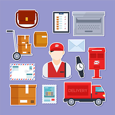 직업 남자 시계 스티커 가방 일러스트 한명 사람 세트 보라색 수레 우체통 편지 우편물 우체부 택배 소포 우표 리스트 남자한명만 국내일러스트 AI파일 1 잡화 컬러 카트 운송업 배송 남자만 파일형식 벡터