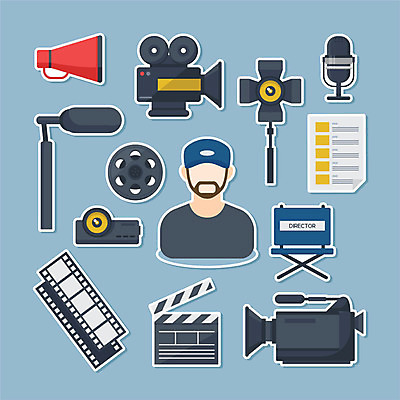 직업 남자 스티커 의자 일러스트 조명 한명 사람 세트 카메라 촬영 확성기 회색 감독 클래퍼보드 필름 마이크 영화감독 영사기 녹음기 대본 남자한명만 국내일러스트 AI파일 1 컬러 음향기기 가구 전자제품 남자만 파일형식 벡터 녹음_기록
