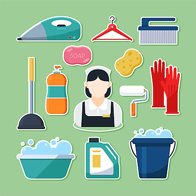 직업 여자 스티커 일러스트 한명 사람 초록색 세트 빨래 옷걸이 빗자루 세제 물통 롤러 비누 청소기 청소부 주방장갑 뚫어뻥 행주 여자한명만 국내일러스트 AI파일 1 컬러 장갑 가사 전자제품 위생용품 청소도구 여자만 파일형식 벡터