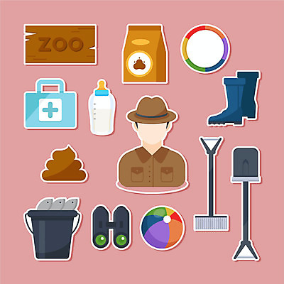 직업 남자 분홍색 스티커 일러스트 공 동물원 어류 장화 한명 사람 세트 망원경 젖병 구급상자 먹이 빗자루 삽 훌라후프 변 사육사 남자한명만 국내일러스트 AI파일 1 컬러 신발 수중동물 아기용품 의료용품 청소도구 남자만 파일형식 벡터