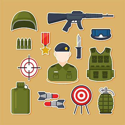직업 남자 스티커 일러스트 고글 한명 사람 세트 갈색 군인 총 칼 과녁판 헬멧 미사일 물통 사격 배지 총알 방탄복 수류탄 남자한명만 국내일러스트 AI파일 1 옷 무기 컬러 보호장비 국군 남자만 파일형식 벡터
