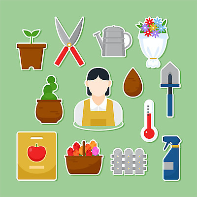 직업 여자 화분 부케 스티커 일러스트 선인장 씨앗 한명 사람 초록색 울타리 세트 물뿌리개 온도계 체온계 삽 꽃바구니 분무기 정원가위 플로리스트 여자한명만 국내일러스트 AI파일 식물 1 꽃 컬러 꽃다발 가위_도구 담장 바구니 여자만 파일형식 벡터