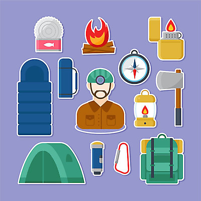직업 남자 스티커 일러스트 배낭 불 전등 텐트 한명 사람 세트 보라색 손전등 나침반 모험가 도끼 톱 라이터 보온병 참치캔 침낭 남자한명만 국내일러스트 AI파일 자연요소 1 컬러 가방 조명 캠핑도구 공구 캔 남자만 파일형식 벡터