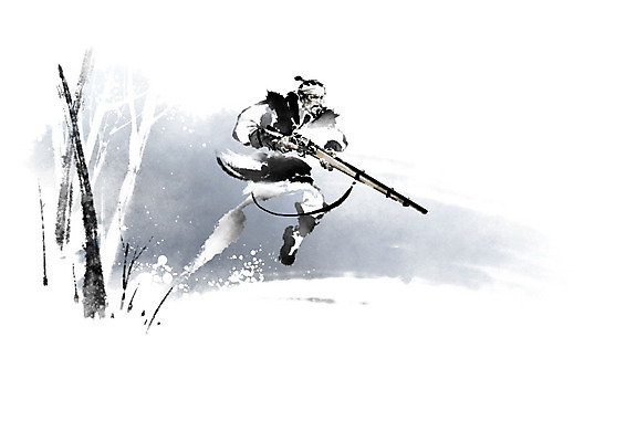 PSD 직업 남자 일러스트 캘리그라피 붓터치 수염 한명 사람 달리기 총 숲 동양화 언덕 사냥 번짐 사냥꾼 사냥총 남자한명만 국내일러스트 1 무기 모션 미술 남자만 파일형식 효과